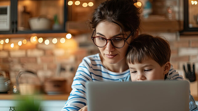 Working with kids. Young focused woman mother wearing eyeglasses using a laptop and thinking about work tasks while her small boy son gently hugs her. Childcare concept