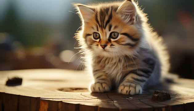 Fluffy kitten playing, looking charming, eyes curious, nature beauty generated by AI
