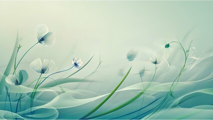 A watercolor-style painting featuring translucent blue flowers and green leaves, conveying a light and serene impression.
