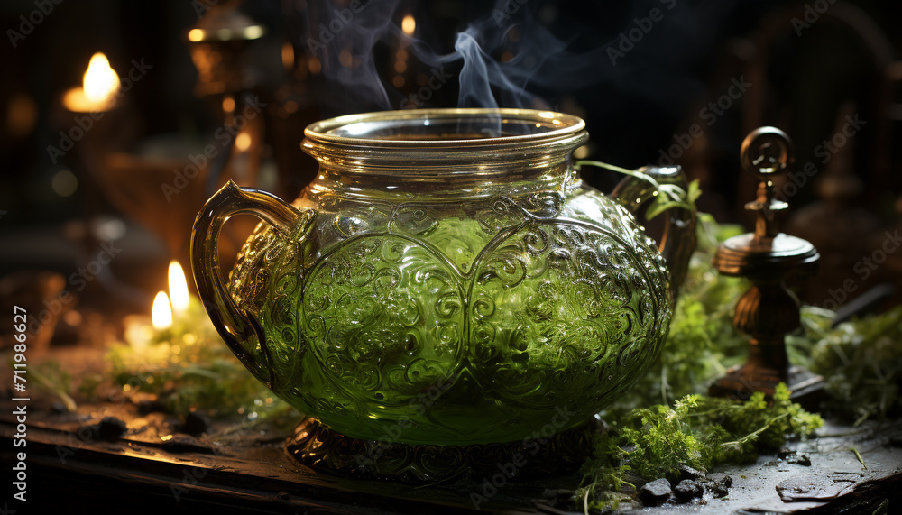 Sticker Hot tea in a glass teapot on a wooden table generated by AI