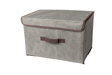 Grey fabric box with lid insulated on a white background.