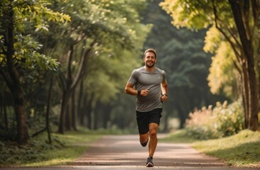 Portrait of a male Jogger Running in a Park on a Health Trail. Healthy and Enjoying Physical Activity and Staying in Shape from Generative AI