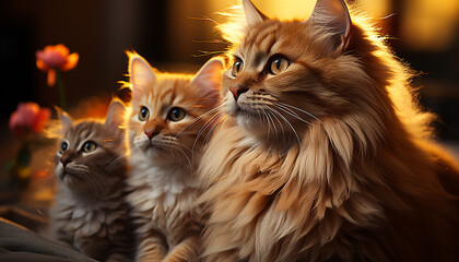 Cute kitten sitting outdoors, fluffy fur, staring at camera generated by AI
