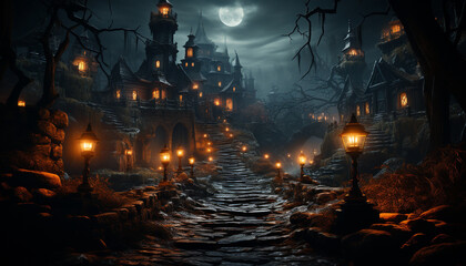 Spooky Halloween night, dark horror, lantern outdoors, foggy tombstone fear generated by AI
