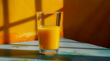 Monochromatic Image of a Glass Filled with Orange Juice on a Yellow Surface