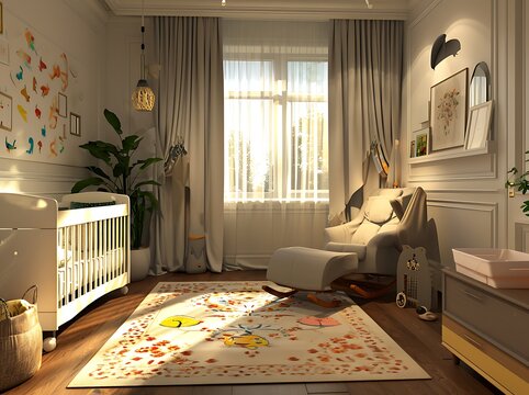 3d render of baby room interior with cot and rocking chair