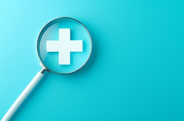 Magnifying glass with medical cross on blue background. 3d render