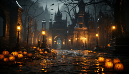 Spooky Halloween night, pumpkin lanterns illuminate old tombstones generated by AI