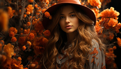 Young woman in autumn, smiling, looking at camera, surrounded by nature generated by AI