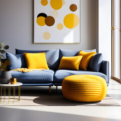 gray yellow corner sofa. Scandinavian home interior design of modern living room.
