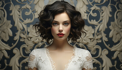 Beautiful woman with curly hair looking at camera in elegant dress generated by AI
