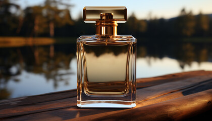 A glass bottle reflects the beauty of nature outdoors generated by AI