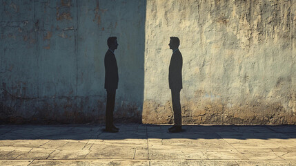 Concept Art of a Businessman Standing in Shade Looking at a Translucent Copy of Himself Standing in Sunlight