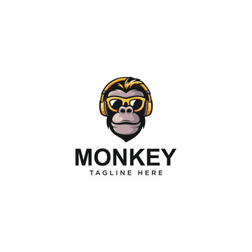 Monkey head logo design template. Monkey mascot logo vector. Logo monyet geek. Animal vector illustration. Geek monkey logo. Chimpanzee vector logo design