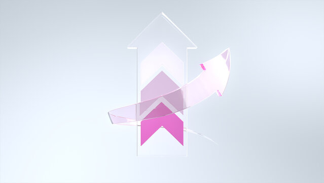 The glass arrow has 3 levels and has an arrow wrapped around it. 3D illustration.