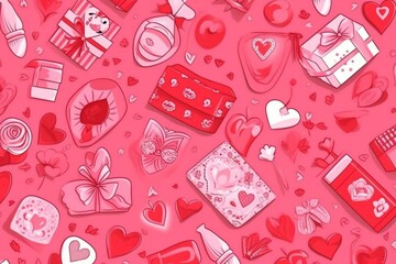 Seamless pattern with pink background on Valentine's Day, featuring love and gift elements for gift wrapping and paper. Generative AI