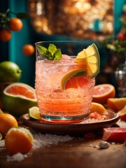 Fototapeta premium Paloma cocktail with tequila, lime juice, and grapefruit soda. Cinematic drink photography