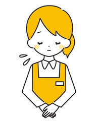 オレンジ色｜お辞儀をして謝罪する女性店員｜エプロン