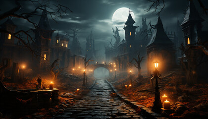 Spooky Halloween night with dark, horror, lantern, tombstone, evil, death, flame, ghost, gothic style generated by AI
