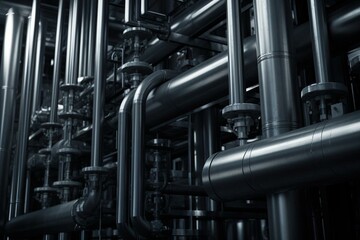 Fototapeta na wymiar Industrial plant background with shiny pipes. Generative AI