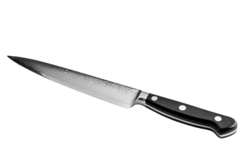 Isolated transparent background showcases a sharp stainless steel kitchen knife with a black handle, a versatile tool for chefs and home cooks alike