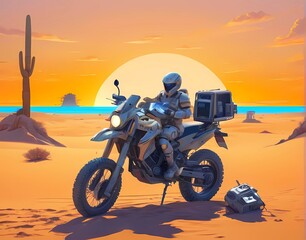 夕陽の砂漠とバイクを乗るアンドロイドイラスト