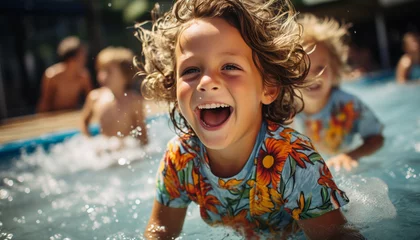 Foto op Plexiglas Smiling children enjoy summer fun, playing in the swimming pool generated by AI © Jemastock