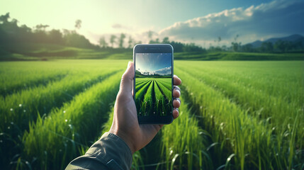 smart farmer holding smartphone rice fields production - obrazy, fototapety, plakaty