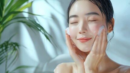 Portrait of Asian woman applying foam for washing on her face with attractive appearance. Skincare spa relax concept.