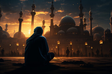 Muslim man praying in the mosque at sunrise. Ramadan Kareem background - obrazy, fototapety, plakaty