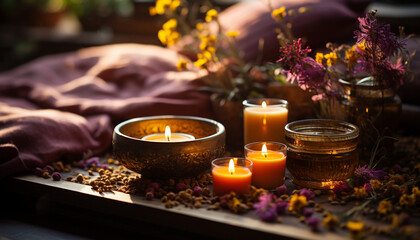 Relaxation, candlelight, flame, aromatherapy, flower, nature, fire, burning, luxury, tranquility generated by AI