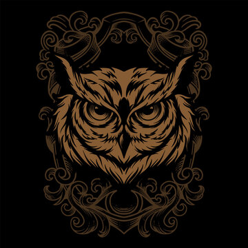 Owl Head Illustration with engraving ornament