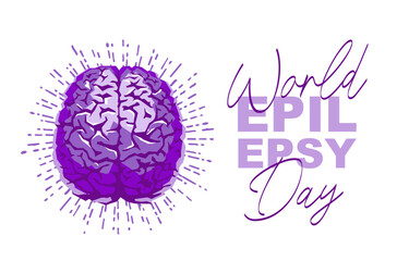 Calligraphy is World Epilepsy Day. A sparkling purple brain. Chronic brain disease.
