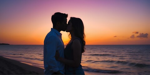 Fototapeta premium Romance in the evening glow: Silhouetted couple kissing under a vibrant sunset.