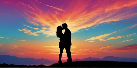 Embrace the moment: Silhouetted couple kisses under vibrant sunset hues - obrazy, fototapety, plakaty