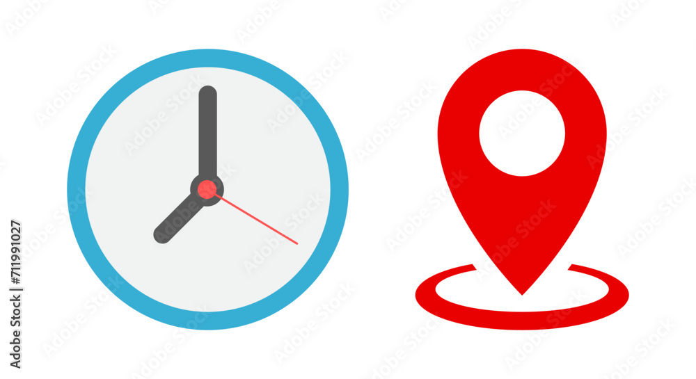 Poster time and address icon vector in flat style. clock and location marker sign symbol
