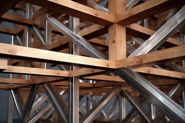 3D rendering of timber board supported by metallic framework. Generative AI - obrazy, fototapety, plakaty
