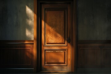 Close up shot of a closed wooden door, illuminated by warm sunlight within a modern interior,  evoking mysterious and tranquil atmosphere.