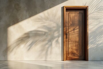 Sleek closed wooden door against a minimalist backdrop, warm sunlight enhances the contemporary aesthetic, and shadows create depth in this modern composition.