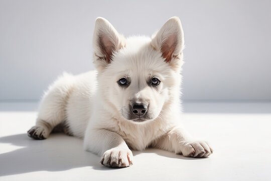 Rostro de perro pastor alemán color blanco, echado, mirando a cámara, sobre fondo blanco