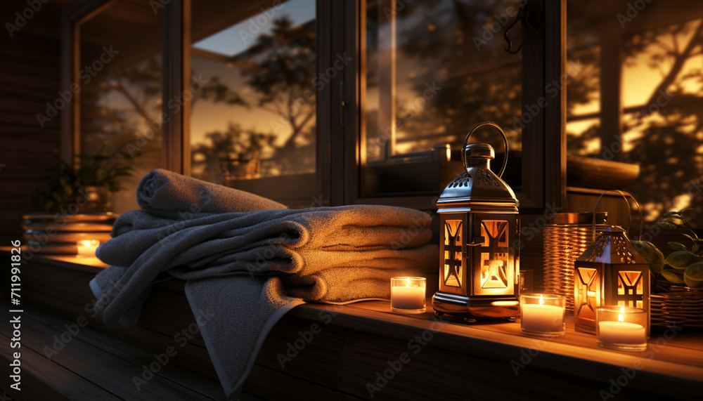 Sticker a cozy winter night, candlelight glows, wood table, comfortable pillow generated by ai