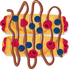 Belgian waffles with chocolate syrup, blueberries, raspberries topping. Delicious breakfast dessert, sweet meal vector illustration.