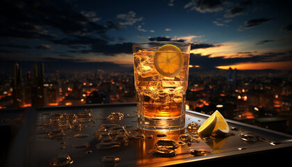 Nightlife in the city, drinking whiskey at a rooftop bar generated by AI - obrazy, fototapety, plakaty