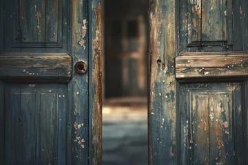 Photo sur Plexiglas Vielles portes Weathered wooden door with aged texture, bathed in soft natural daylight. The room beyond holds a hint of mystery, inviting imagination, the vintage touch adds timeless appeal.