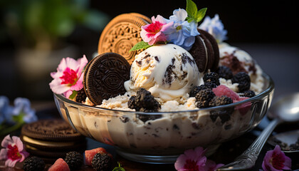Freshness and sweetness in a bowl of homemade ice cream sundae generated by AI