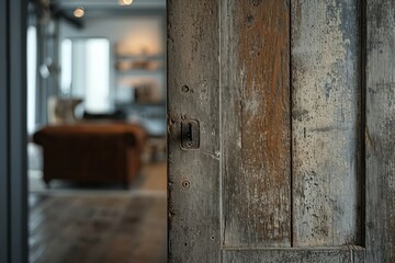 Weathered wooden door with aged texture, bathed in soft natural daylight. The room beyond holds a hint of mystery, inviting imagination, the vintage touch adds timeless appeal.