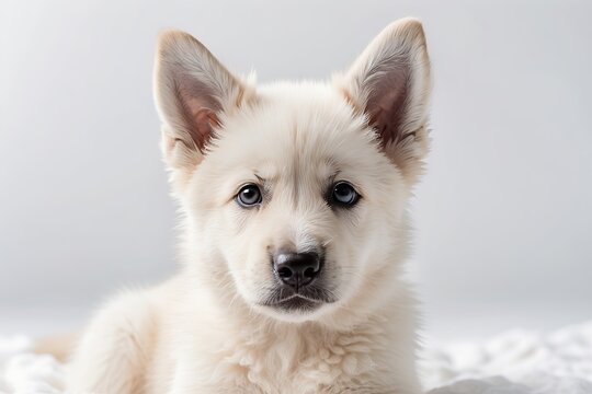 Rostro de perro pastor alemán color blanco, mirando a cámara, sobre fondo blanco