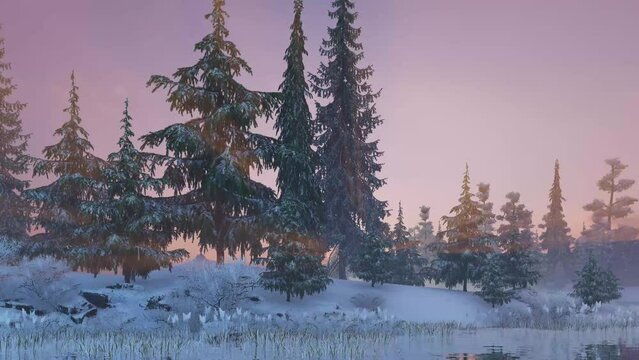 Approaching small coniferous trees on the edge of the shore of a snow-covered forest in the morning light, 3D render