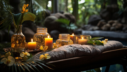 Relaxation in nature candlelight, flame, flower, burning, freshness, tranquility generated by AI