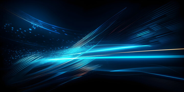 Digital image of light rays, striped lines with blue light, speed and motion blur on dark blue background